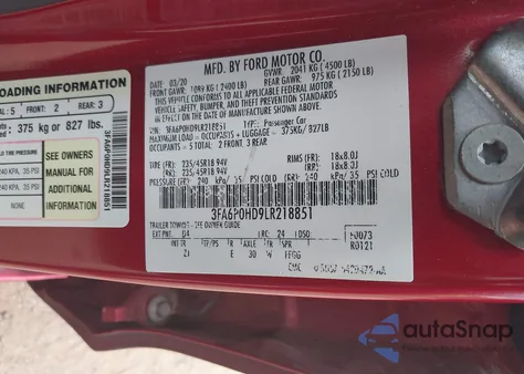 2020 Ford Fusion Se из США, поврежденный, VIN 3FA6P0HD9LR218851